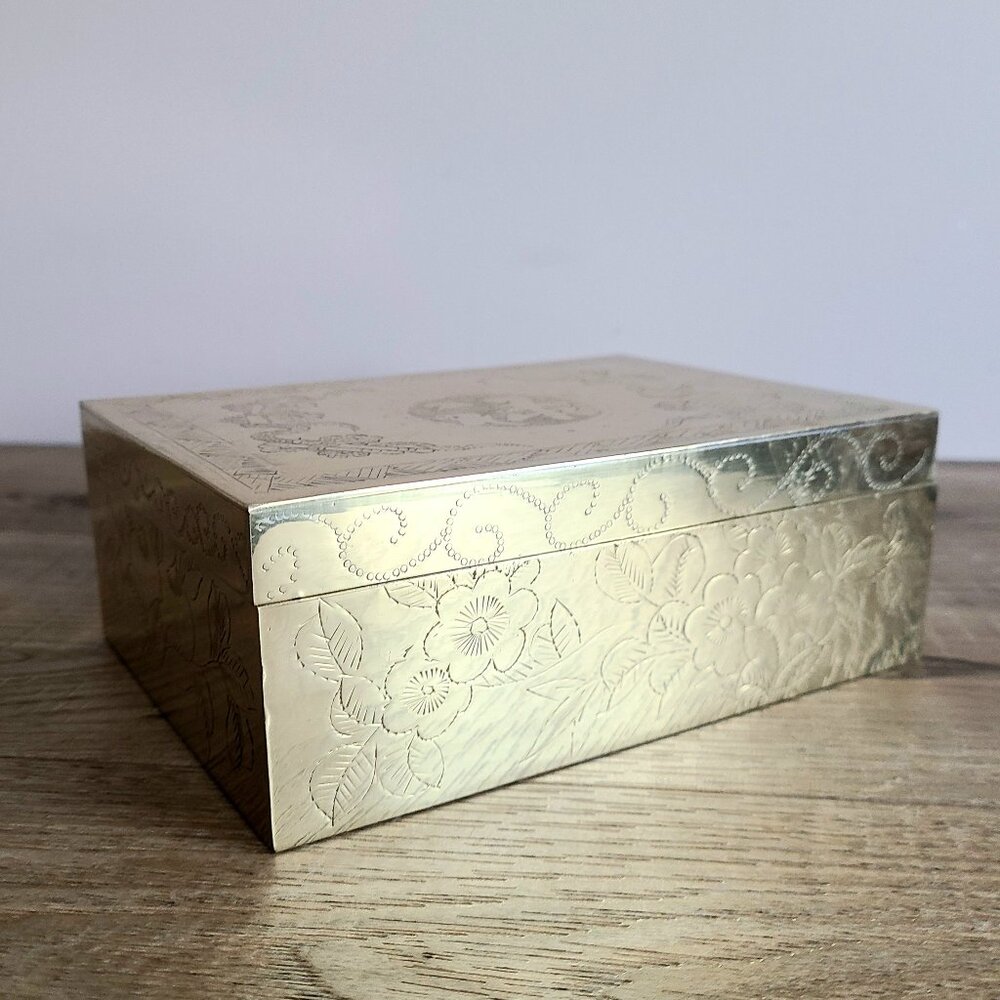 Vintage etched brass Chinese jewelry box, cigarette case or trinket box.